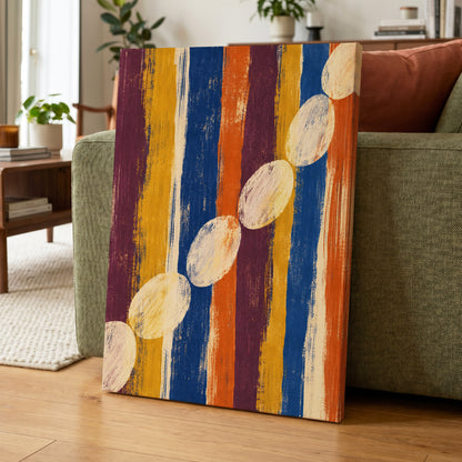 Ochre Oval Rhythm, blue, yellow, orange abstract wall art displayed in a styled interior, gallery view 7