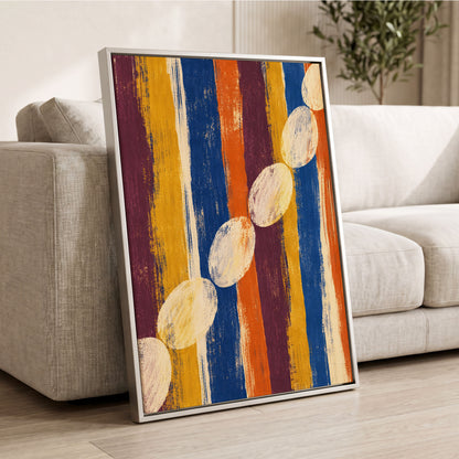 Ochre Oval Rhythm, blue, yellow, orange abstract wall art displayed in a styled interior, gallery view 8