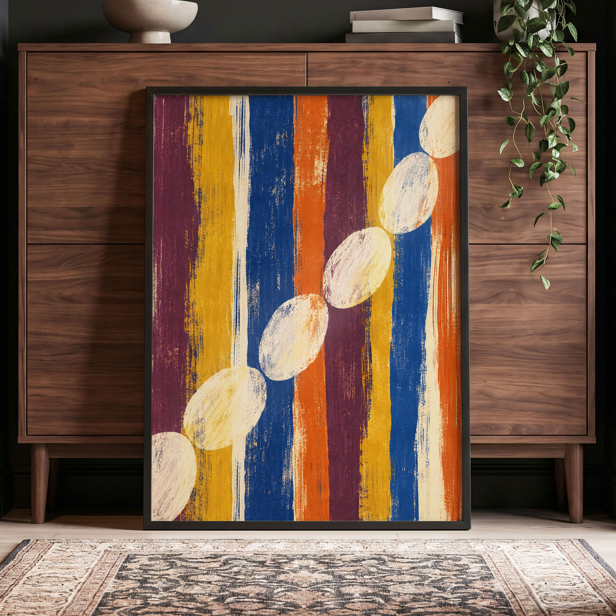 Ochre Oval Rhythm, blue, yellow, orange abstract wall art displayed in a styled interior, gallery view 9