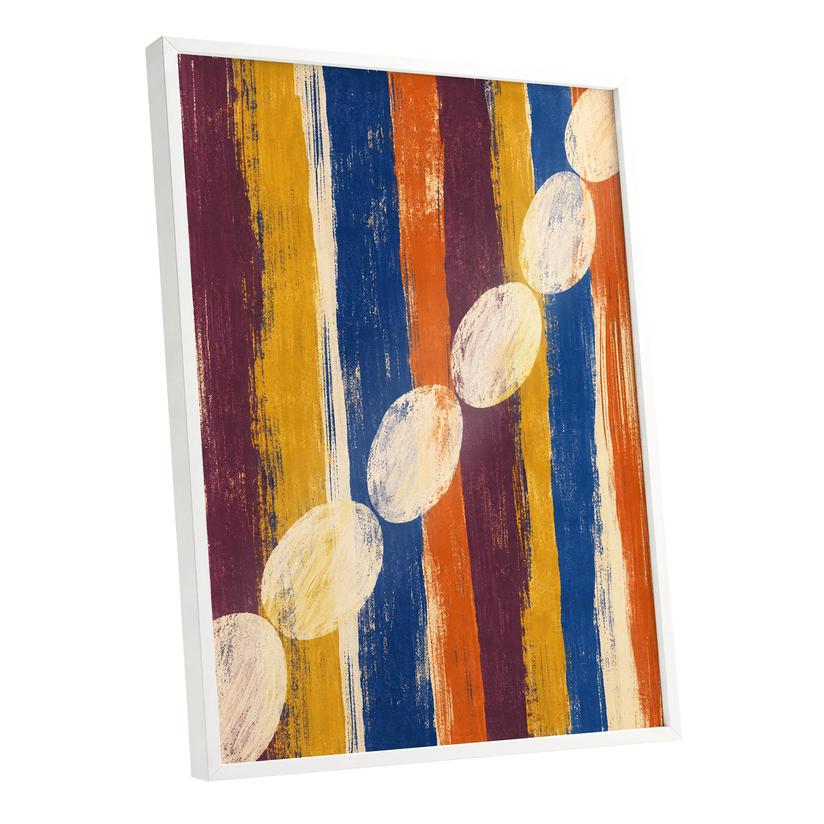 Ochre Oval Rhythm, blue, yellow, orange abstract wall art shown as a white framed poster wall art print