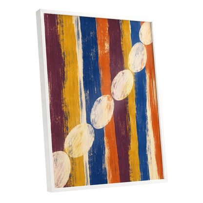 Ochre Oval Rhythm, blue, yellow, orange abstract wall art shown as a white framed poster wall art print