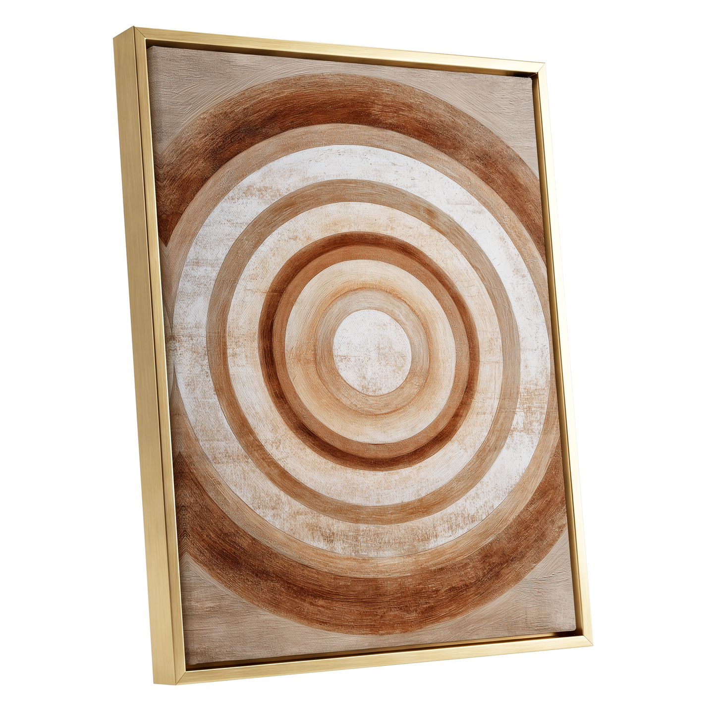 Ochre Radius, brown, beige, white minimalist wall art shown as a gold framed canvas wall art