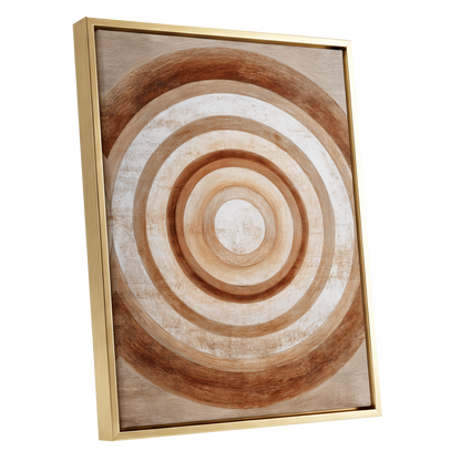 Ochre Radius, brown, beige, white minimalist wall art shown as a gold framed canvas wall art