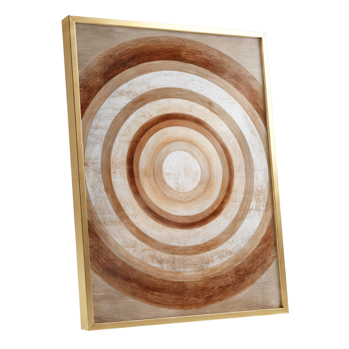 Ochre Radius, brown, beige, white minimalist wall art shown as a gold framed poster wall art print