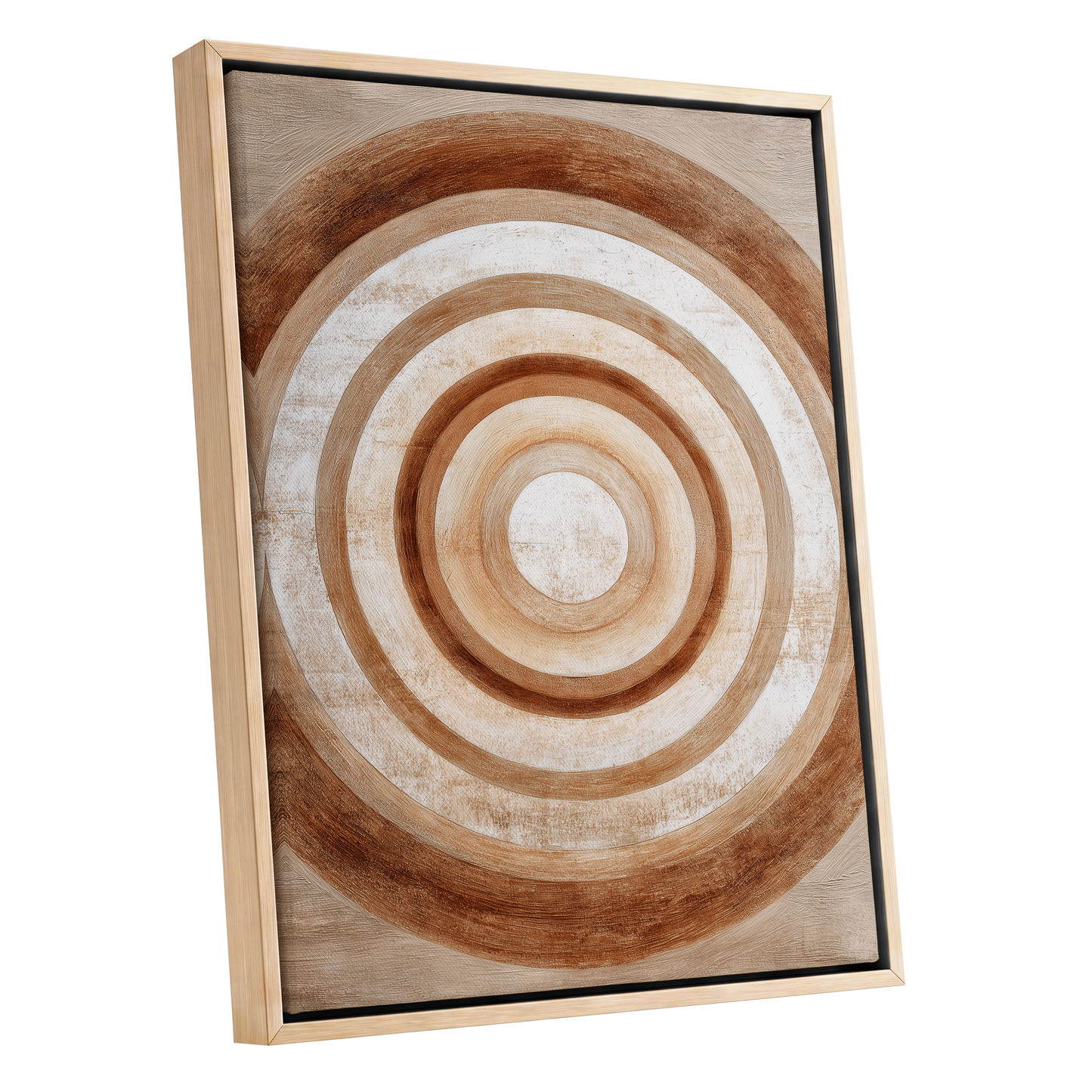 Ochre Radius, brown, beige, white minimalist wall art shown as a oak framed canvas wall art