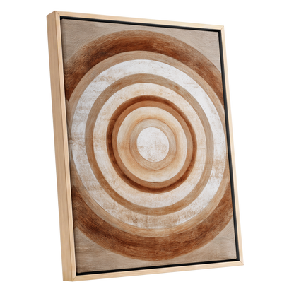 Ochre Radius, brown, beige, white minimalist wall art shown as a oak framed canvas wall art