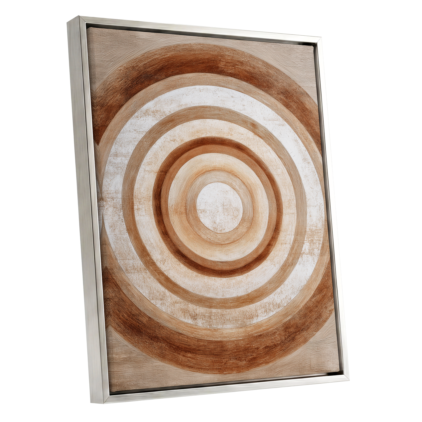 Ochre Radius, brown, beige, white minimalist wall art shown as a silver framed canvas wall art