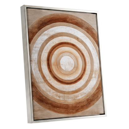 Ochre Radius, brown, beige, white minimalist wall art shown as a silver framed canvas wall art