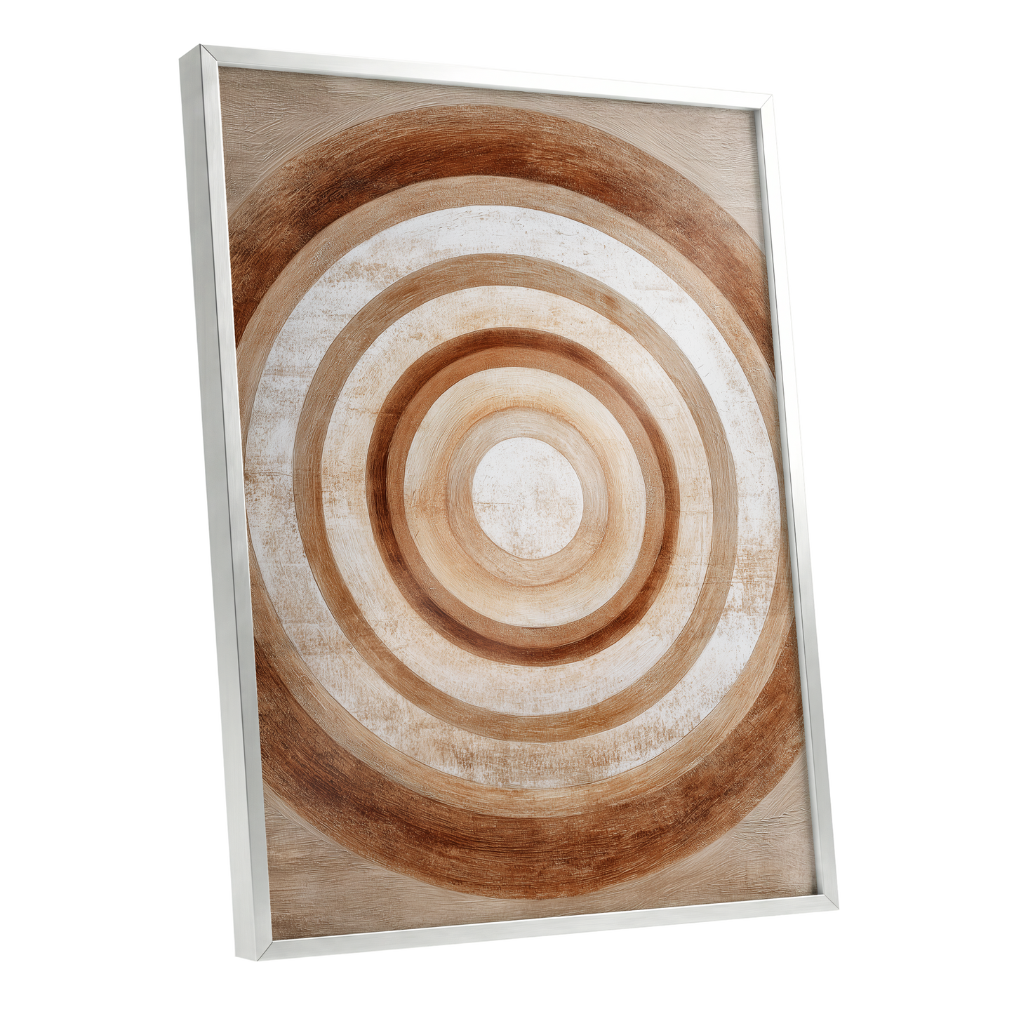 Ochre Radius, brown, beige, white minimalist wall art shown as a silver framed poster wall art print