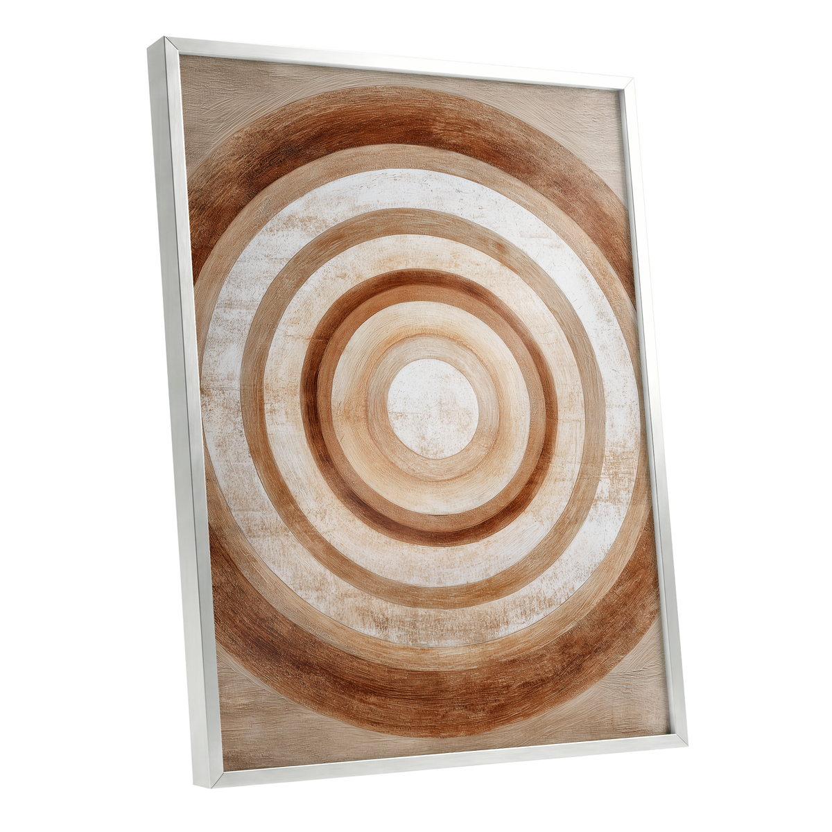 Ochre Radius, brown, beige, white minimalist wall art shown as a silver framed poster wall art print