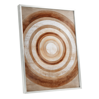 Ochre Radius, brown, beige, white minimalist wall art shown as a silver framed poster wall art print