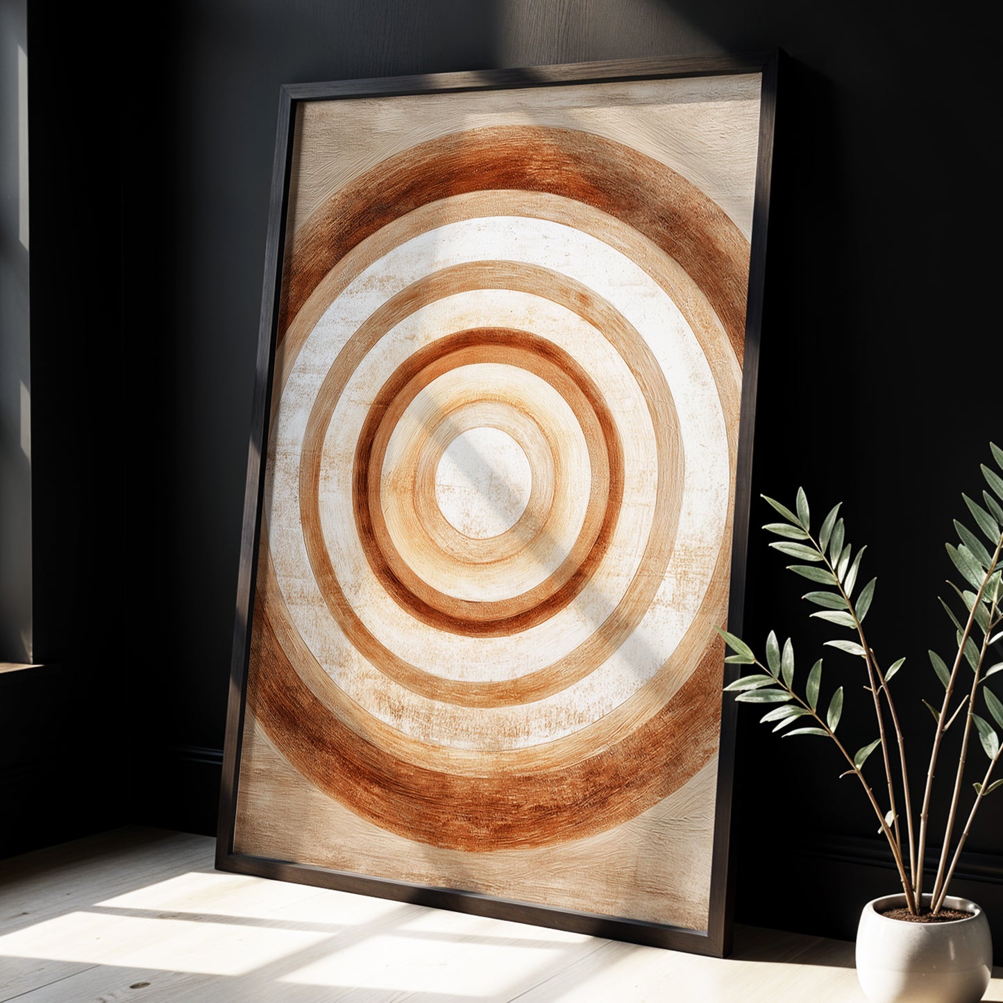 Ochre Radius, brown, beige, white minimalist wall art displayed in a styled interior, gallery view 2