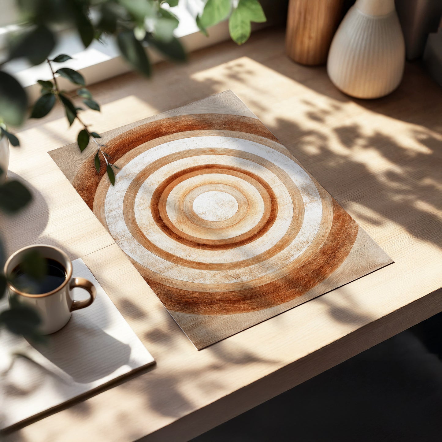 Ochre Radius, brown, beige, white minimalist wall art displayed in a styled interior, gallery view 5
