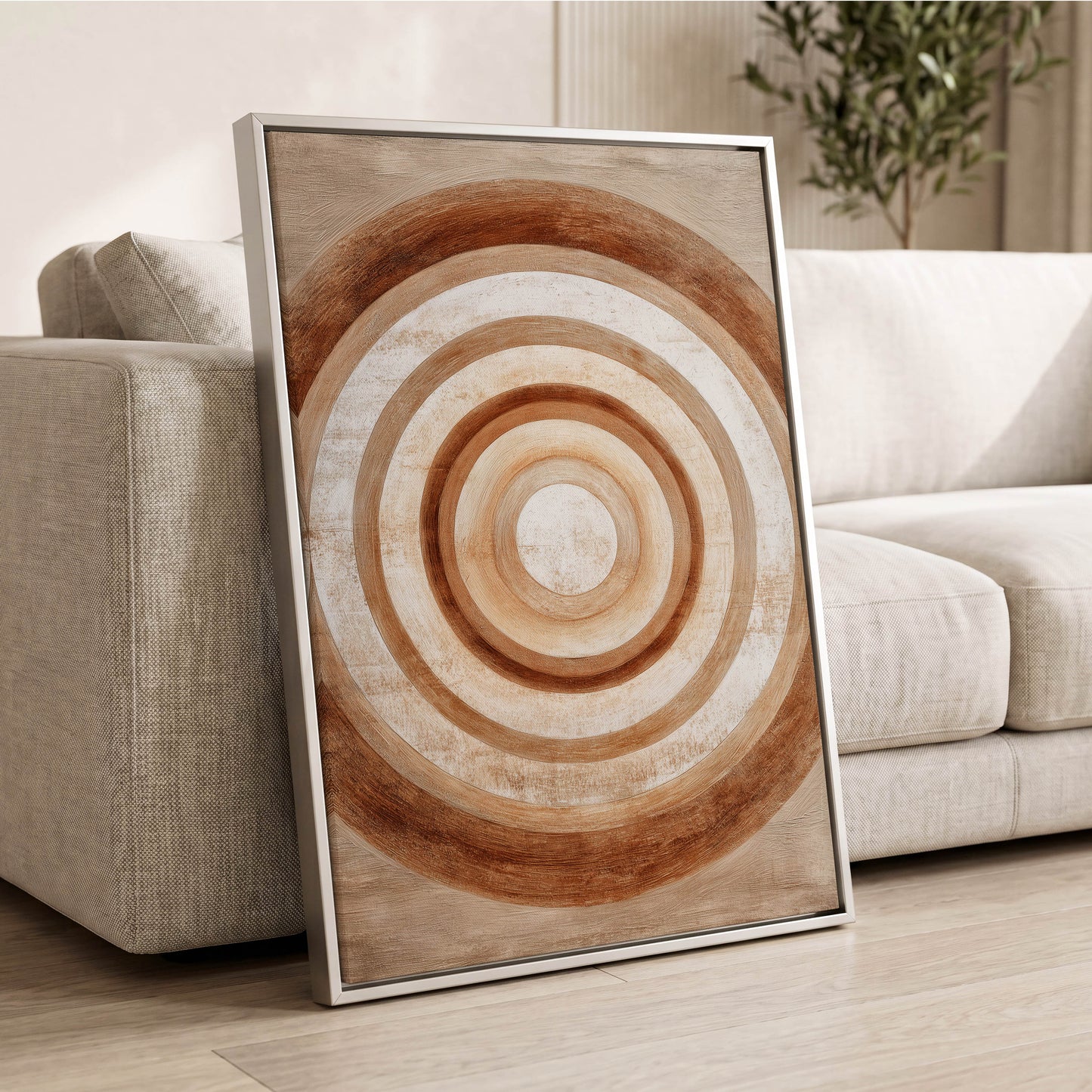 Ochre Radius, brown, beige, white minimalist wall art displayed in a styled interior, gallery view 8