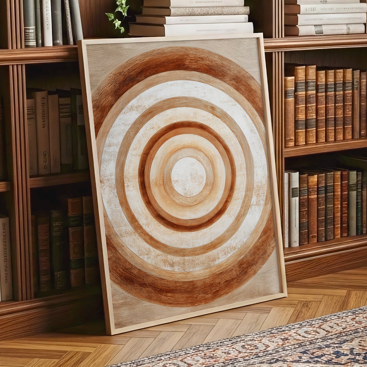 Ochre Radius, brown, beige, white minimalist wall art displayed in a styled interior, gallery view 9