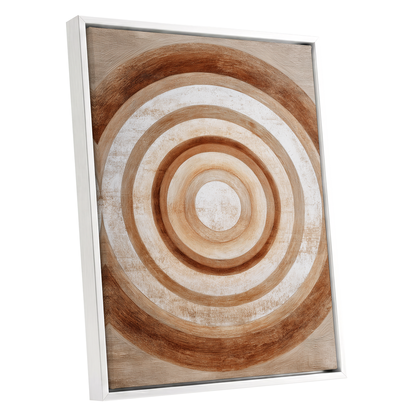 Ochre Radius, brown, beige, white minimalist wall art shown as a white framed canvas wall art
