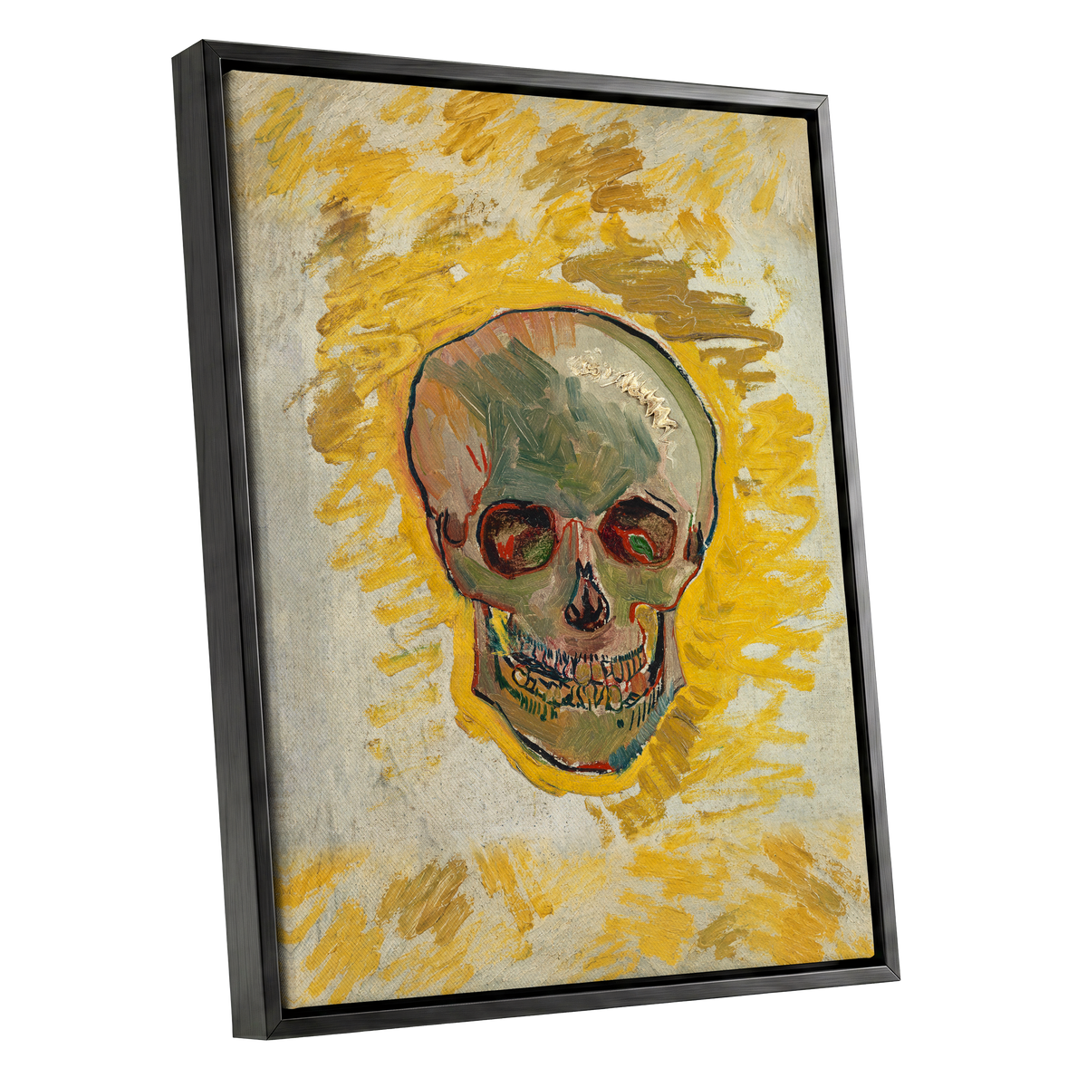 Ochre Skull Study, yellow, gold, beige abstract wall art shown as a black framed canvas wall art