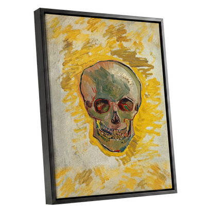 Ochre Skull Study, yellow, gold, beige abstract wall art shown as a black framed canvas wall art