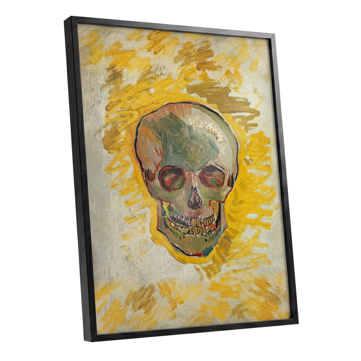 Ochre Skull Study, yellow, gold, beige abstract wall art shown as a black framed poster wall art print