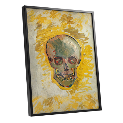 Ochre Skull Study, yellow, gold, beige abstract wall art shown as a black framed poster wall art print