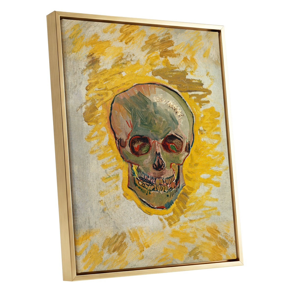 Ochre Skull Study, yellow, gold, beige abstract wall art shown as a gold framed canvas wall art