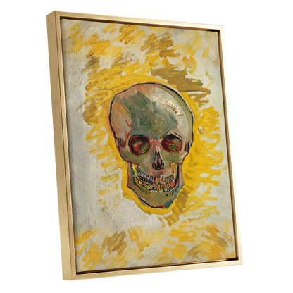 Ochre Skull Study, yellow, gold, beige abstract wall art shown as a gold framed canvas wall art