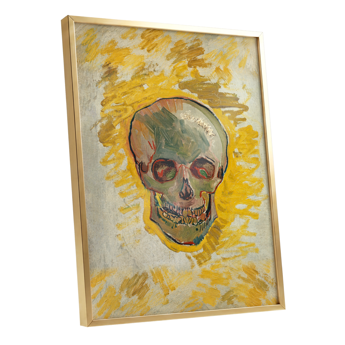 Ochre Skull Study, yellow, gold, beige abstract wall art shown as a gold framed poster wall art print
