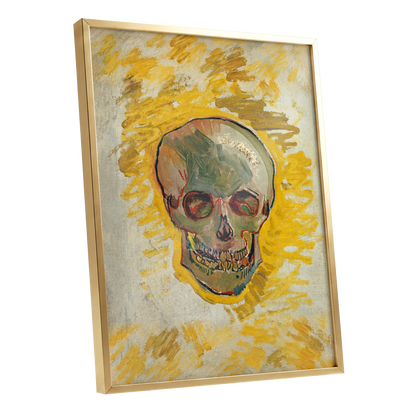 Ochre Skull Study, yellow, gold, beige abstract wall art shown as a gold framed poster wall art print
