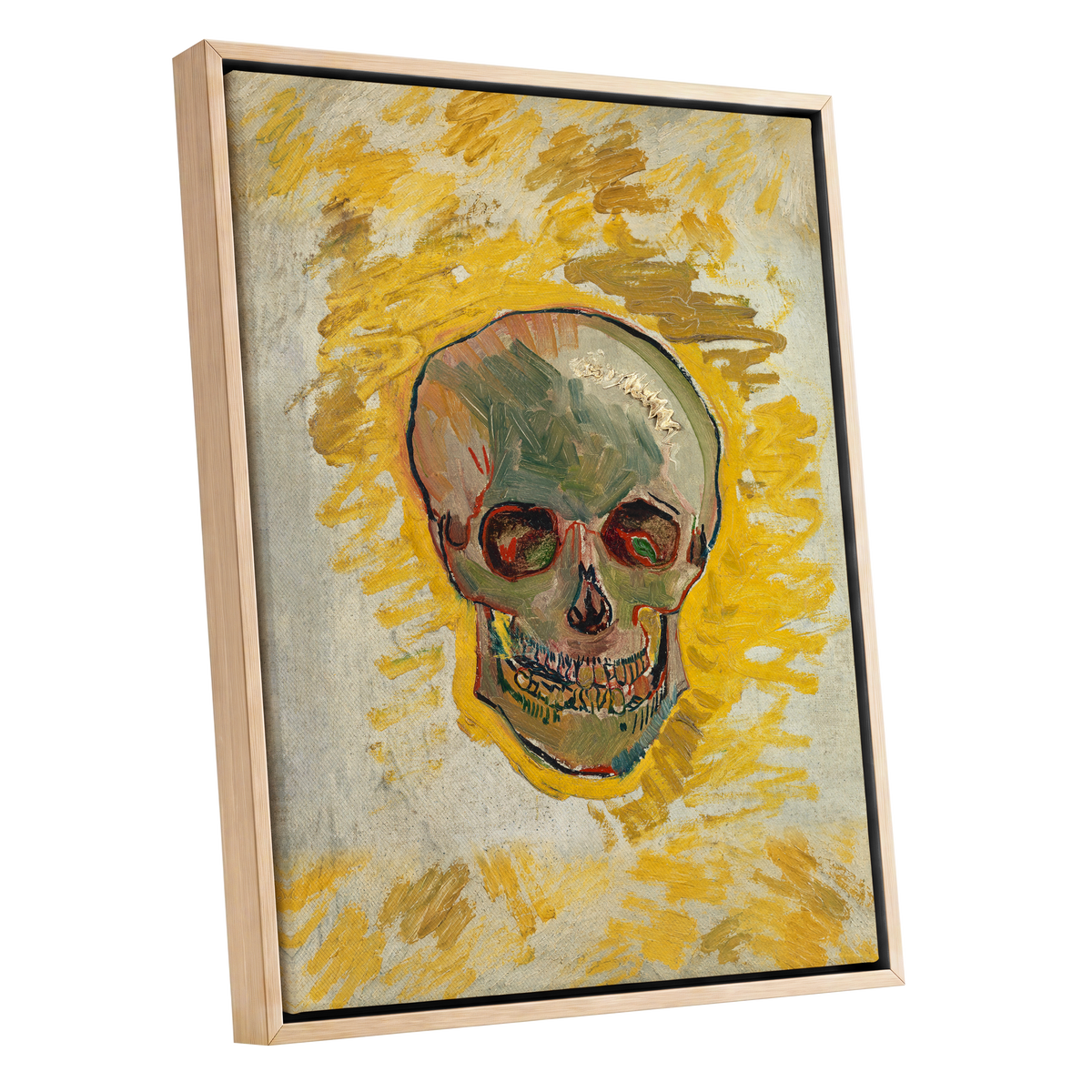 Ochre Skull Study, yellow, gold, beige abstract wall art shown as a oak framed canvas wall art