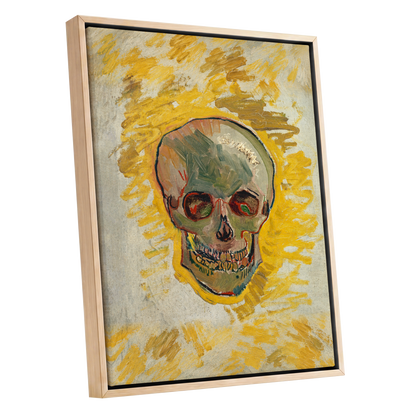 Ochre Skull Study, yellow, gold, beige abstract wall art shown as a oak framed canvas wall art