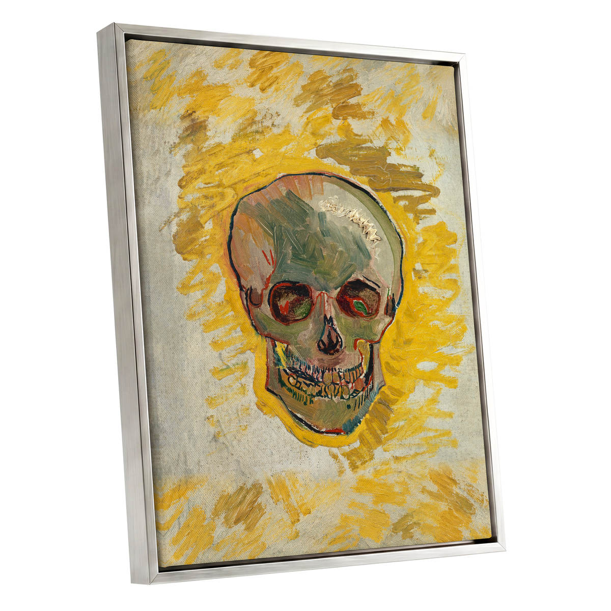 Ochre Skull Study, yellow, gold, beige abstract wall art shown as a silver framed canvas wall art