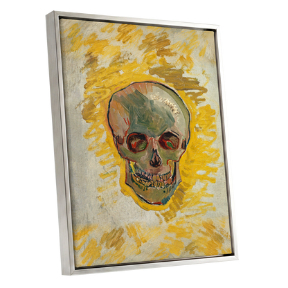 Ochre Skull Study, yellow, gold, beige abstract wall art shown as a silver framed canvas wall art