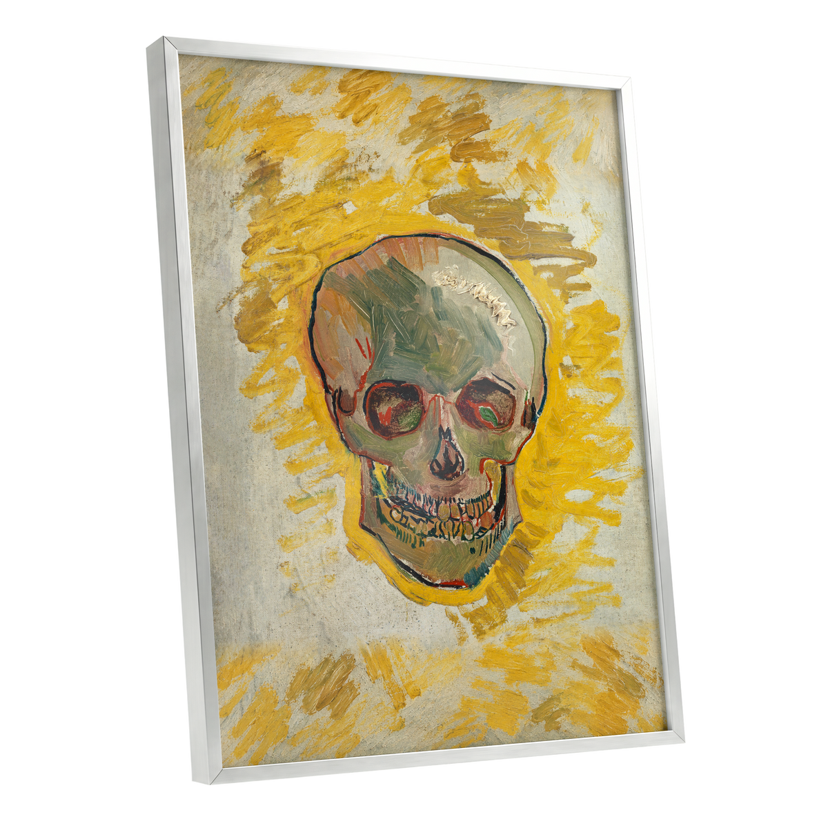 Ochre Skull Study, yellow, gold, beige abstract wall art shown as a silver framed poster wall art print