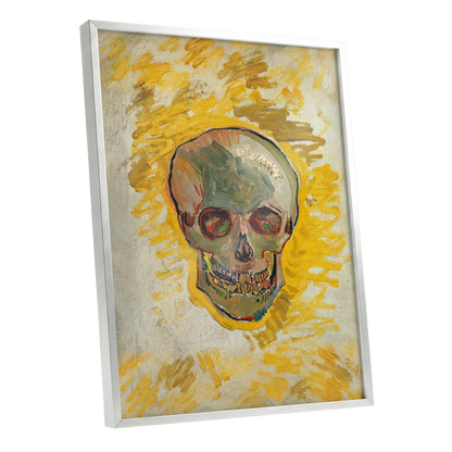 Ochre Skull Study, yellow, gold, beige abstract wall art shown as a silver framed poster wall art print