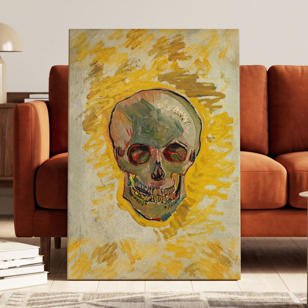 Ochre Skull Study, yellow, gold, beige abstract wall art displayed in a styled interior, gallery view 3