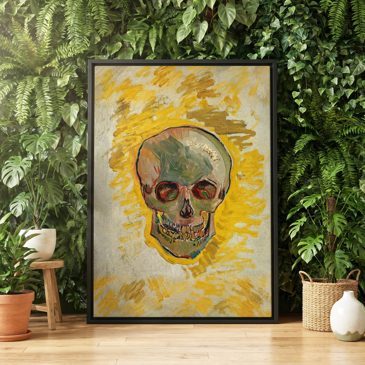 Ochre Skull Study, yellow, gold, beige abstract wall art displayed in a styled interior, gallery view 4