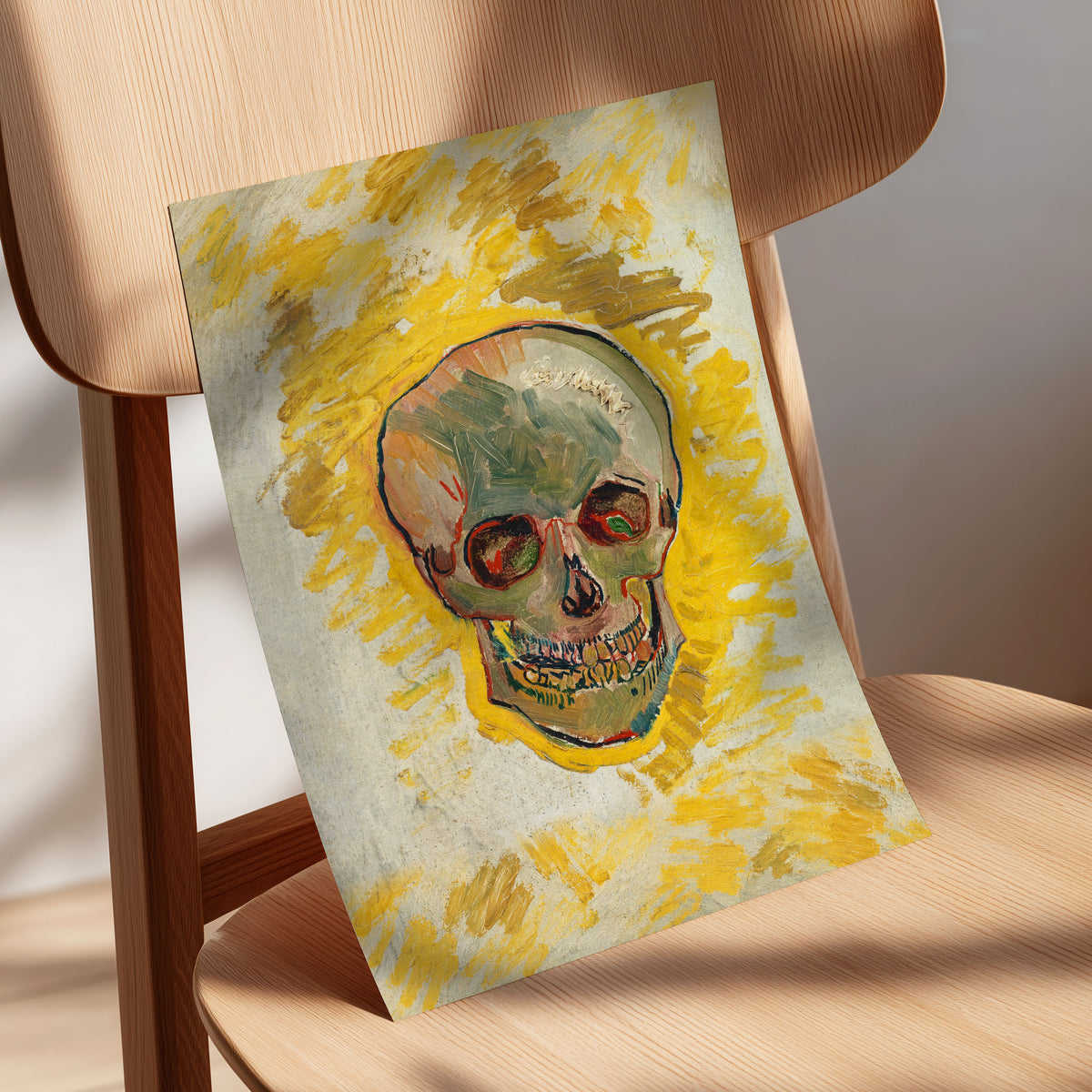Ochre Skull Study, yellow, gold, beige abstract wall art displayed in a styled interior, gallery view 5