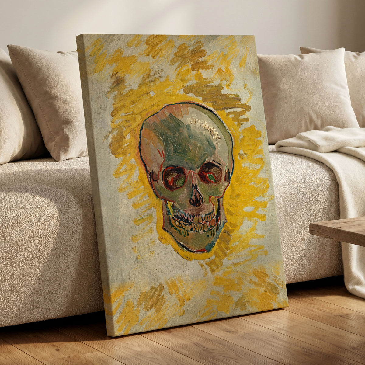 Ochre Skull Study, yellow, gold, beige abstract wall art displayed in a styled interior, gallery view 7