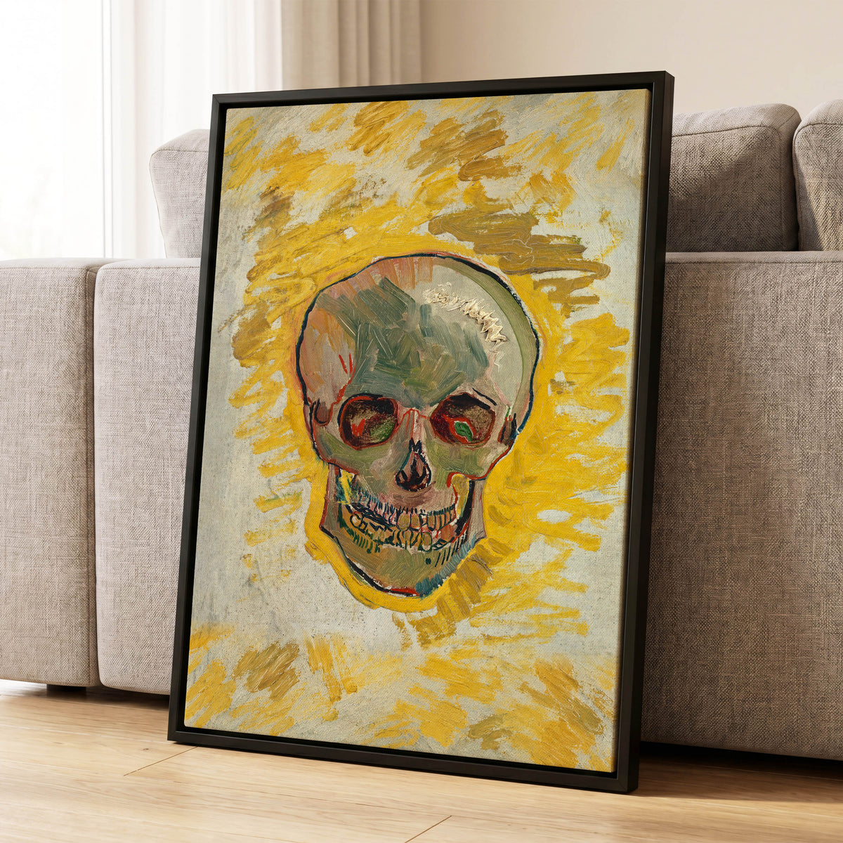 Ochre Skull Study, yellow, gold, beige abstract wall art displayed in a styled interior, gallery view 8