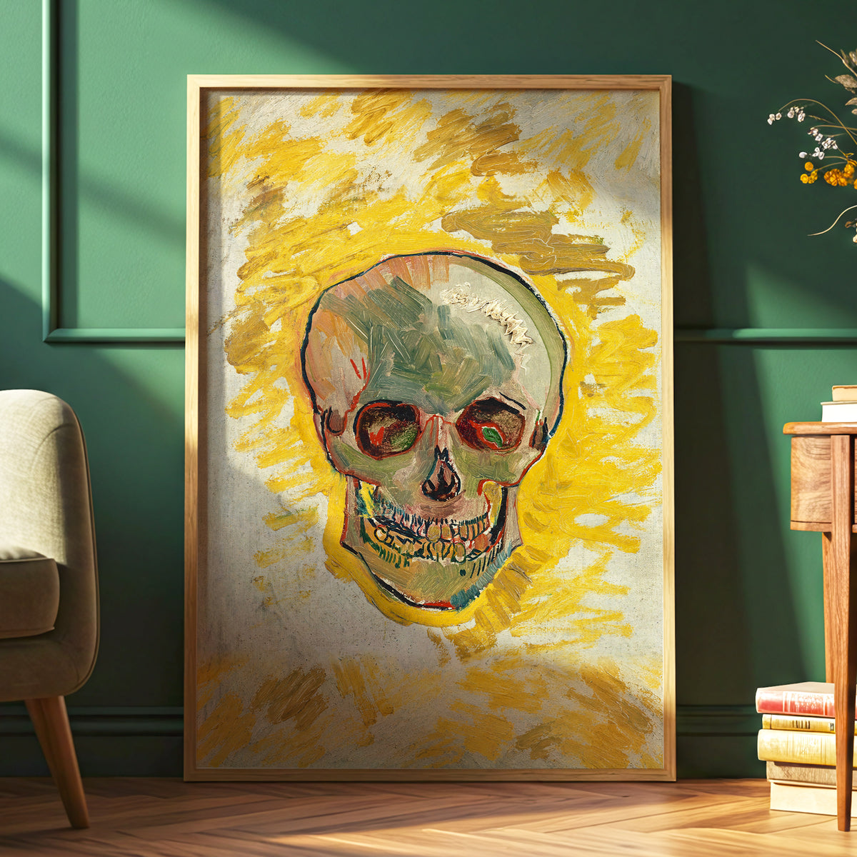 Ochre Skull Study, yellow, gold, beige abstract wall art displayed in a styled interior, gallery view 9