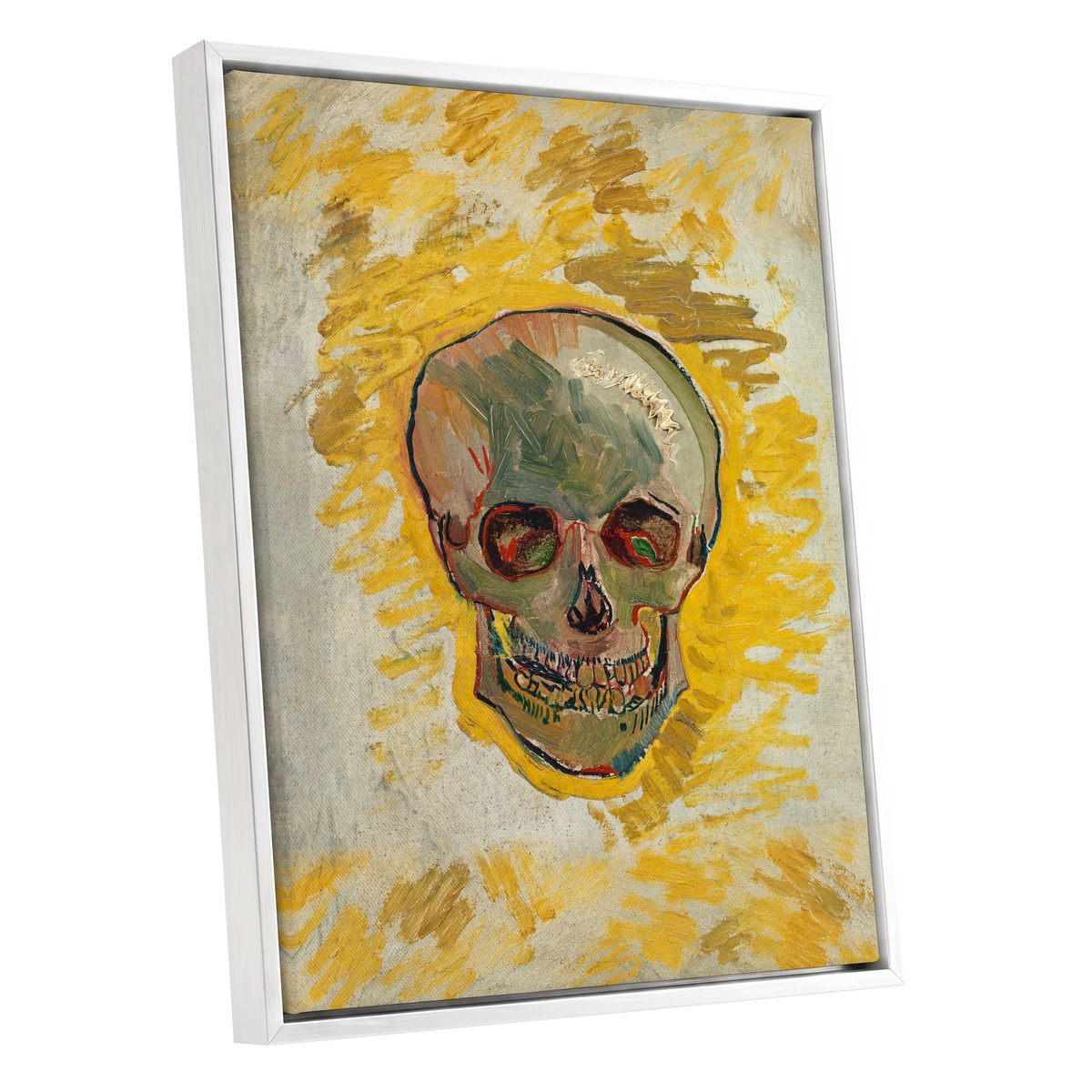 Ochre Skull Study, yellow, gold, beige abstract wall art shown as a white framed canvas wall art