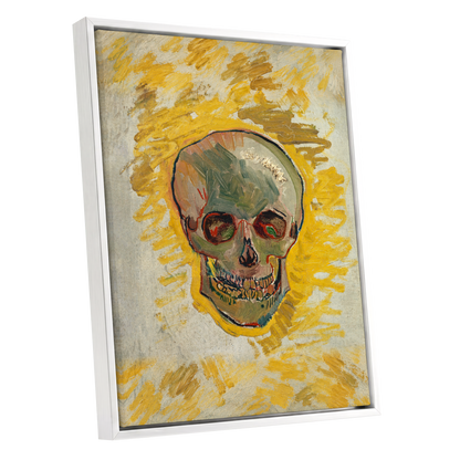 Ochre Skull Study, yellow, gold, beige abstract wall art shown as a white framed canvas wall art