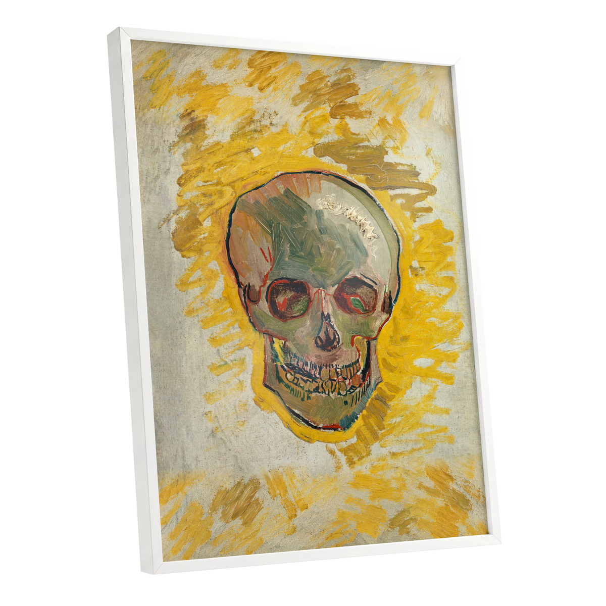 Ochre Skull Study, yellow, gold, beige abstract wall art shown as a white framed poster wall art print