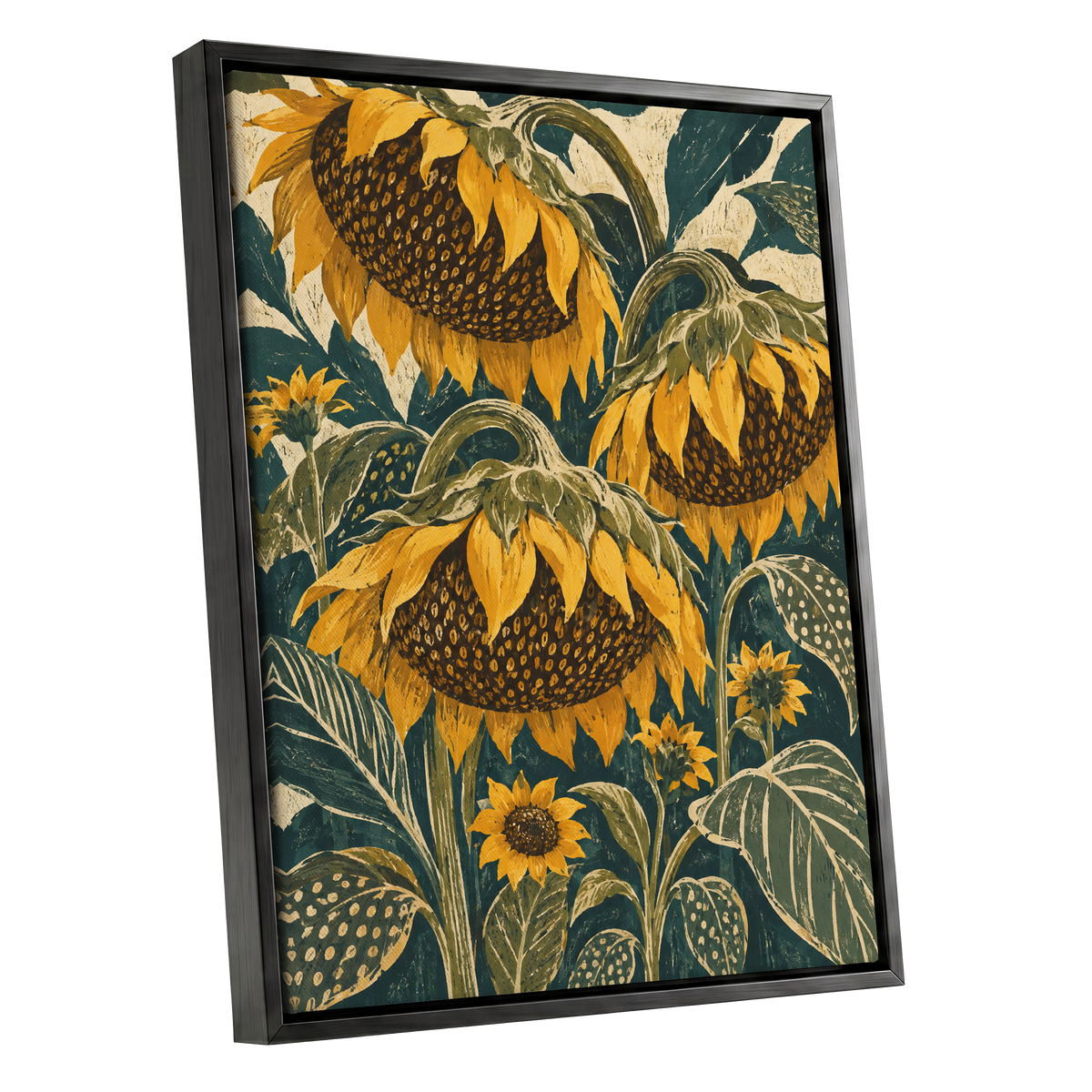 Ochre Sunflower Chorus, yellow, green, beige floral wall art shown as a black framed canvas wall art