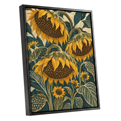 Ochre Sunflower Chorus, yellow, green, beige floral wall art shown as a black framed canvas wall art