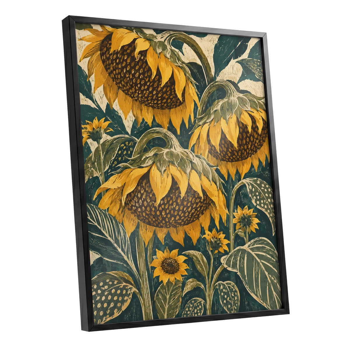 Ochre Sunflower Chorus, yellow, green, beige floral wall art shown as a black framed poster wall art print