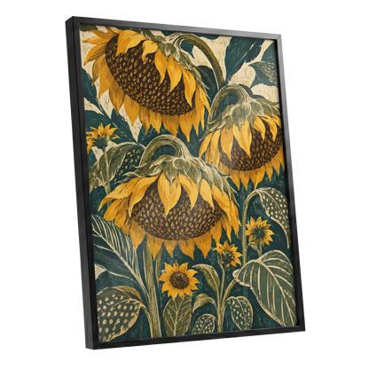 Ochre Sunflower Chorus, yellow, green, beige floral wall art shown as a black framed poster wall art print