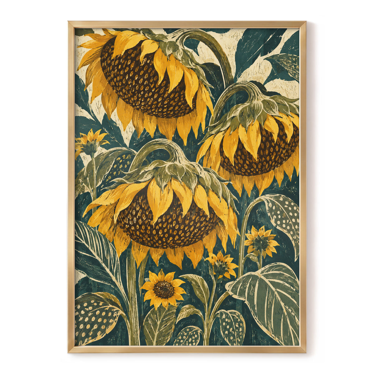 Ochre Sunflower Chorus, yellow, green, beige floral wall art, front artwork view