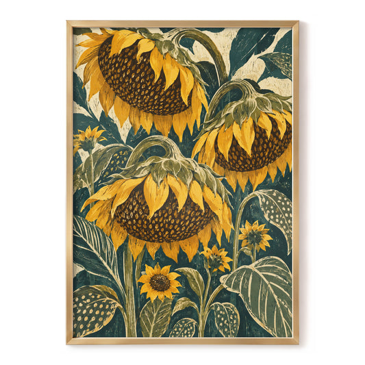 Ochre Sunflower Chorus, yellow, green, beige floral wall art, front artwork view