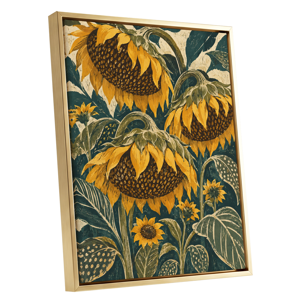 Ochre Sunflower Chorus, yellow, green, beige floral wall art shown as a gold framed canvas wall art